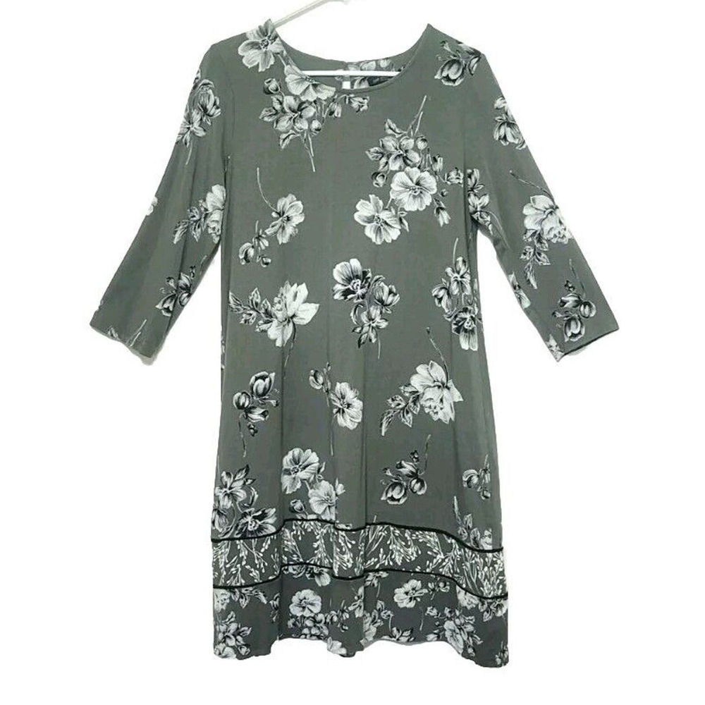 J Jill Wearever Collection Green Floral Print Dress Womens Size S 3/4 Sleeve